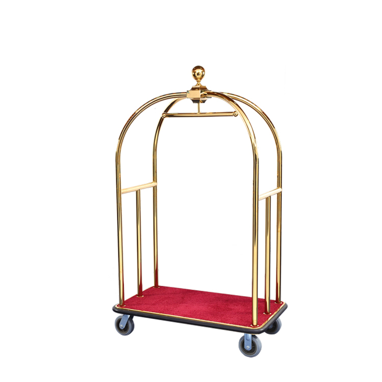 Hotel 6"solid Wheels Stainless Steel Gold Chrome FinishRed Carpet Luggage Cart