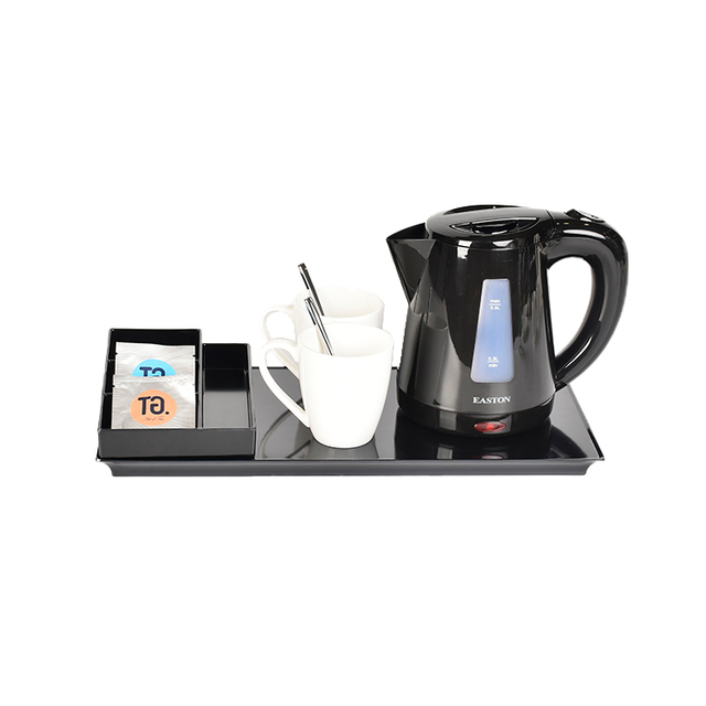 Hotel Room Light Indicator 0.8L Black Plastic Electric Water Kettle Tray Set