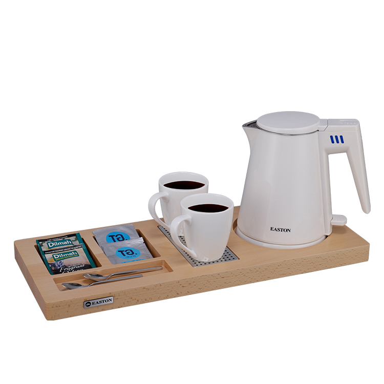 Electric Kettle Natural Beech Wood Tray Set for Hotel Room 