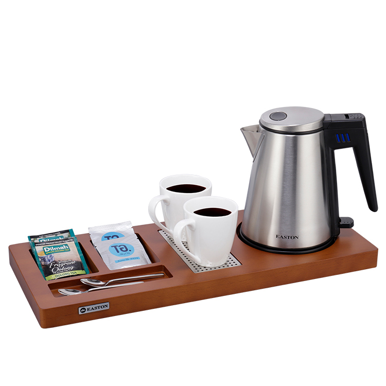 Hotel Hospitality Tray Electric Kettle 0.8L Dark Brown Beech Wood Tray 